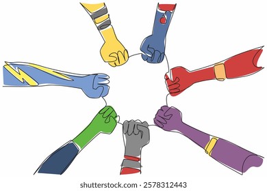 Single one line drawing some superhero hands of various variations and colors. Seven heroes present ready to help humans. Defender. National Superhero Day. Continuous line design graphic illustration