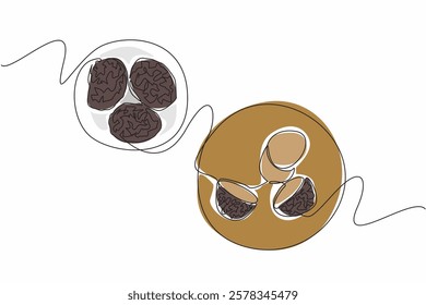 Single one line drawing some truffle pieces on round wooden cutting board. Raw materials to be processed. Delicious dishes. Mushroom. National Truffle Day. Continuous line design graphic illustration