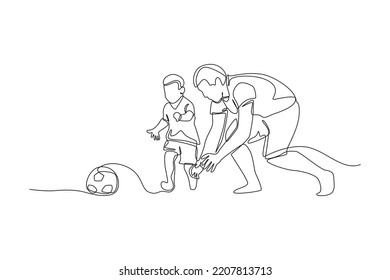 Single one line drawing son playing football with his father. Family time concept. Continuous line draw design graphic vector illustration.