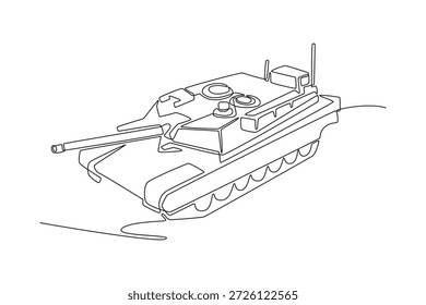 Una sola línea que dibuja el tanque de batalla principal sofisticado del ángulo elevado, techo complejo de la torreta, escotillas, vehículo de combate versátil de la armadura pesada. Ilustración vectorial gráfica de diseño de dibujo de línea continua