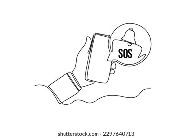 Single one line drawing SOS emergency call in the smartphone. SOS concept. Continuous line draw design graphic vector illustration.