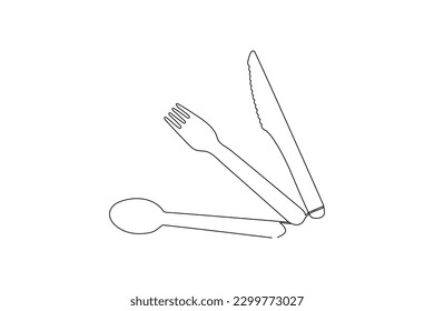 Single one line drawing spoon, knife and fork. Tableware concept. Continuous line draw design graphic vector illustration.