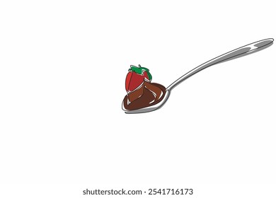 Cuchara de dibujo de una sola línea llena de chocolate y fresa. Una cucharada como postre. Deliciosa comida dulce. Sabroso. Día Nacional de la Mousse de Chocolate. Ilustración gráfica de diseño de línea continua