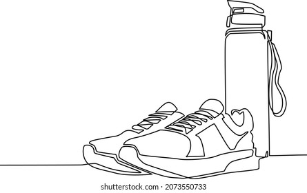 Single one line drawing sport sneakers   sport bottle  Fitness running jogging concept  Idea healthy   active lifestyle  Healthy lifestyle concept  Modern continuous line draw design vector