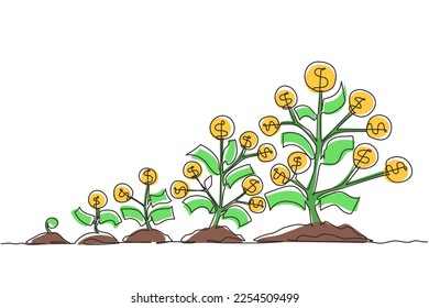 Single one line drawing sprouts, plants, money trees growing icon. Step of coins stacks, money, saving and investment or family planning. Modern continuous line draw design graphic vector illustration