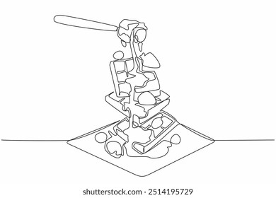 Single one line drawing square waffles arranged on a plate. With strawberry and raspberry toppings. The Belgian delicious waffle. International Waffle Day. Continuous line design graphic illustration