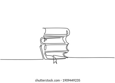 Single one line drawing of stack of note books on table. Back to school minimalist, education concept. Pile of books continuous simple line draw style design graphic vector illustration