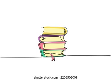 Single one line drawing of stack of note books on table. Back to school minimalist, education concept. Pile of books continuous simple line draw style design graphic vector illustration