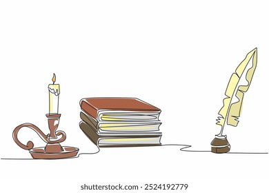 Single one line drawing a stack of books and an inkwell and quill. Knowledge and learning. Write down brilliant ideas. Enlightenment. World Candle Day. Continuous line design graphic illustration