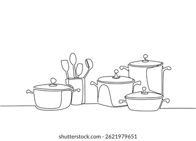 Single one line drawing stack of clean pots and ladles. Collection of cooking tools. Makes every cooking easier. Equipment. National No Dirty Dishes Day. Continuous line design graphic illustration