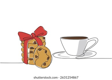 Single one line drawing stack of ribboned choco chip cookies and a cup of tea. Energy source and mood enhancer in the morning. National Chocolate Chip Day. Continuous line design graphic illustration