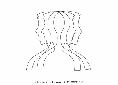 Single one line drawing stacked male heads silhouette. Too hard to focus. Deep sense of anxiety. Disturbing health. Depression. Multiple Personality Day. Continuous line design graphic illustration