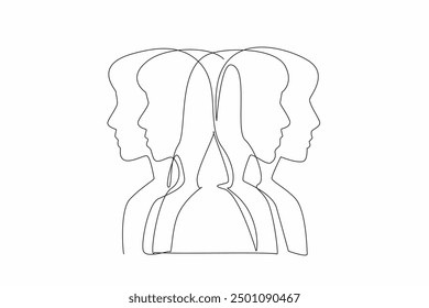 Single one line drawing stacked female heads silhouette. Extreme feeling of confusion. Mental disorder. Poor mental development. Multiple Personality Day. Continuous line design graphic illustration