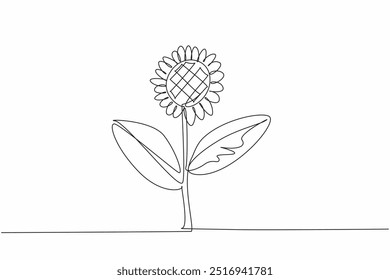 Single one line drawing a stalk of sunflower. Growing strong, fresh and giving joy from its color. The leaves are useful as a wound healer. Kansas Day. Continuous line design graphic illustration