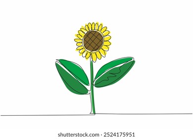 Single one line drawing a stalk of sunflower. Growing strong, fresh and giving joy from its color. The leaves are useful as a wound healer. Kansas Day. Continuous line design graphic illustration