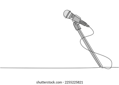 Single one line drawing stand with microphone on white background. Singer sing song with standing mic at music concert summer festival. Modern continuous line draw design graphic vector illustration