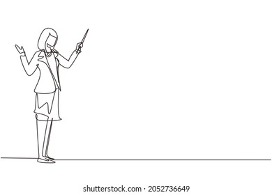 Single one line drawing standing young businesswoman teacher wearing blazer pointing with wooden pointer stick. Educational concept, courses, trainings. Continuous line draw design vector illustration