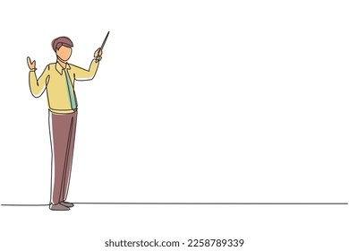 Single one line drawing standing businessman teacher wearing tidy shirt pointing with wooden pointer stick. Educational concept, courses, trainings. Continuous line draw design vector illustration