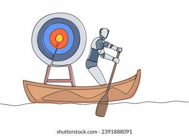 Single one line drawing standing smart robot in boat and sailing with arrow target board on sea. Hard work achieve business vision and mission and. Continuous line draw design vector illustration