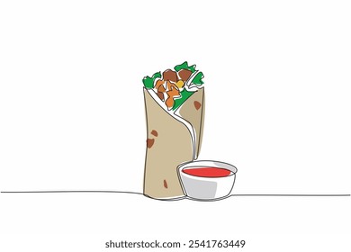 Single one line drawing standing burrito serving and chili sauce in small bowl. Introducing deliciousness of Mexican food more widely. National Burrito Day. Continuous line design graphic illustration