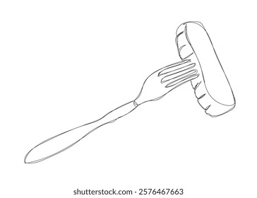 Single one line drawing of a steak pierced with a fork. Bold minimalist depiction of a gourmet meal. Vector illustration. Restaurant menu concept. Hand made vector not AI 