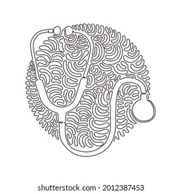 Single one line drawing Stethoscope icon, diagnostic symbol. Doctor item, hospital pictogram, symbol medicine. Swirl curl circle background style. Modern continuous line draw design graphic vector