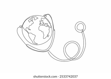 Single one line drawing stethoscope attached to globe. The earth plays a role in maintaining health. Public health is a priority. Care. World Health Day. Continuous line design graphic illustration