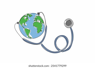 Single one line drawing stethoscope attached to globe. The earth plays a role in maintaining health. Public health is a priority. Care. World Health Day. Continuous line design graphic illustration