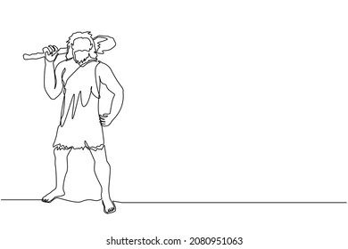 Single one line drawing stone age primitive man in animal hide pelt and big wooden club  Prehistoric man holding cudgel shoulders  Modern continuous line draw design graphic vector illustration