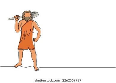 Una sola línea de dibujo piedra edad hombre primitivo en animal pelt de cuero con gran club de madera. Hombre prehistórico sosteniendo el garrote sobre los hombros. Ilustración de líneas continuas moderna de diseño gráfico vectorial