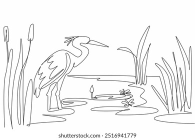 Einzeiliger, zeichnender Storch, der auf dem See steht. Wildes Gras, das um sie herum wächst. Schöne Dämmerungsatmosphäre. Lebensraum. Ökosystem. Welttag der Feuchtgebiete. Grafische Illustration zum Liniendesign