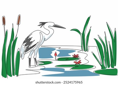 Single one line drawing stork standing on the lake. Wild grass growing around it. Beautiful twilight atmosphere. Habitat. Ecosystem. World Wetlands Day. Continuous line design graphic illustration