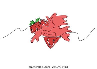 Single one line drawing strawberries are cut into 2 parts and the bottom part releases a splash of juice. Freshness in summer. Beverage. Juice Splash. Continuous line design graphic illustration