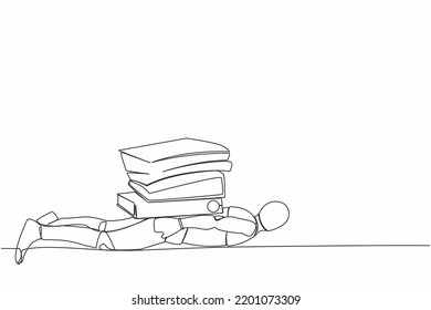 Robot de estrés de dibujo de una sola línea bajo pesada carga de carpeta de papel. El robot cansado no puede hacer frente a la cantidad de trabajo. Inteligencia artificial robótica. Ilustración vectorial de dibujo de línea continua