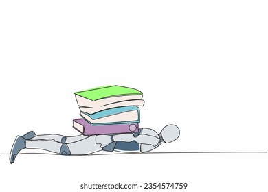 Robot de estrés de dibujo de una sola línea bajo pesada carga de carpeta de papel. El robot cansado no puede hacer frente a la cantidad de trabajo. Inteligencia artificial robótica. Ilustración vectorial de dibujo de línea continua