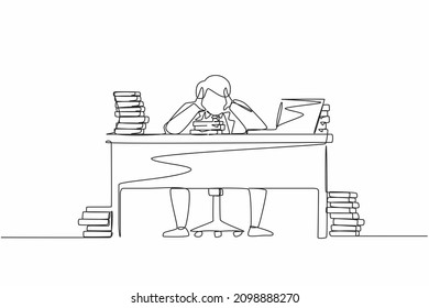 Single one line drawing stressed businessman throwing tantrum in office holding his hands to his head shouting while seated at desk surrounded by files. Continuous line draw design graphic vector