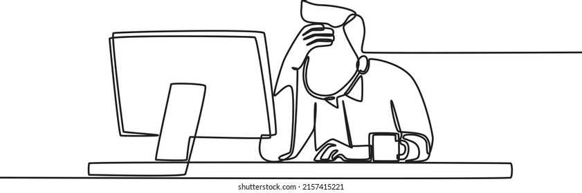Single one line drawing Stressed employees in front of laptops because tasks piled up. holding head. Continuous line draw design graphic vector illustration.