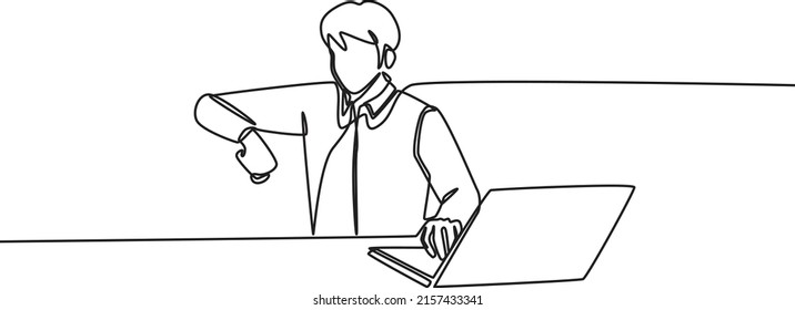 Single one line drawing Stressed employees looking o'clock in his hand in front of laptop because task deadline. Continuous line draw design graphic vector illustration.