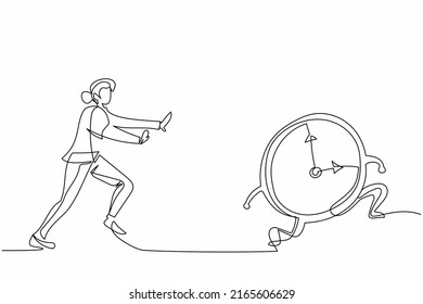 Single one line drawing stressed businesswoman chasing time or clock. Office worker being chased by work deadlines. Running out of time. Modern continuous line draw design graphic vector illustration