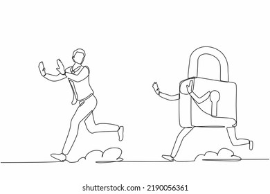 Single one line drawing stressed businessman being chased by padlock. Worker running for business protection security. Professional solutions. Continuous line draw design graphic vector illustration