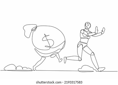 Single one line drawing stressed robot being chased by money bag. Hurry in achieving wealth and profit goals. Future technology development. Continuous line draw design graphic vector illustration