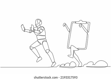 Single one line drawing stressed robot being chased by clipboard. Hurry in finishing checklist industry sheets document. Future technology development. Continuous line draw design vector illustration