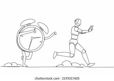 Single one line drawing stressed robot being chased by alarm clock. Hurry in deadline project. Running out of working time. Technology development. Continuous line graphic design vector illustration