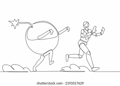 Robot estresado de dibujo de una sola línea perseguido por una bomba. Miedo a la destrucción del ecosistema. Desarrollo tecnológico futuro. Inteligencia artificial. Ilustración vectorial de dibujo de línea continua