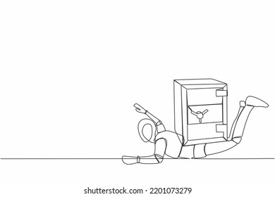Single one line drawing stressed robot under heavy safe deposit box burden. Impact in pandemic crisis, bankruptcy at tech industry. Robotic artificial intelligence. Continuous line draw design vector