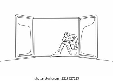 Single one line drawing stressed young astronaut sitting on windowsill. Depression, stress, despair, tech problem. Cosmic galaxy space concept. Continuous line draw design graphic vector illustration