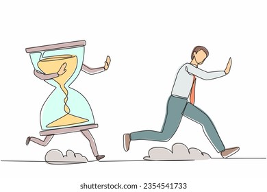 Single one line drawing stressed businessman being chased by hourglass. Office worker feeling stress with work deadlines, angry, burnout, depression. Continuous line design graphic vector illustration