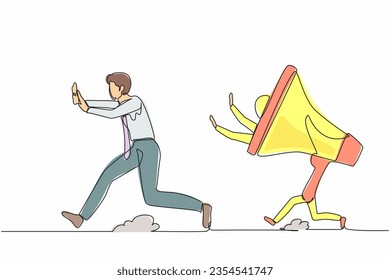 Un dibujo de una sola línea estresó a un hombre de negocios perseguido por megáfono. El trabajador de oficina evita gritos fuertes del jefe. Concepto de metáfora mínima. Ilustración gráfica de diseño de trazos de línea continua