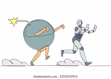 Robot estresado de dibujo de una sola línea perseguido por una bomba. Miedo a la destrucción del ecosistema. Desarrollo tecnológico futuro. Inteligencia artificial. Ilustración vectorial de dibujo de línea continua