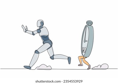 Single one line drawing stressed robot being chased by stopwatch. Afraid in project measurement and deadline. Future robotic technology development. Continuous line design graphic vector illustration